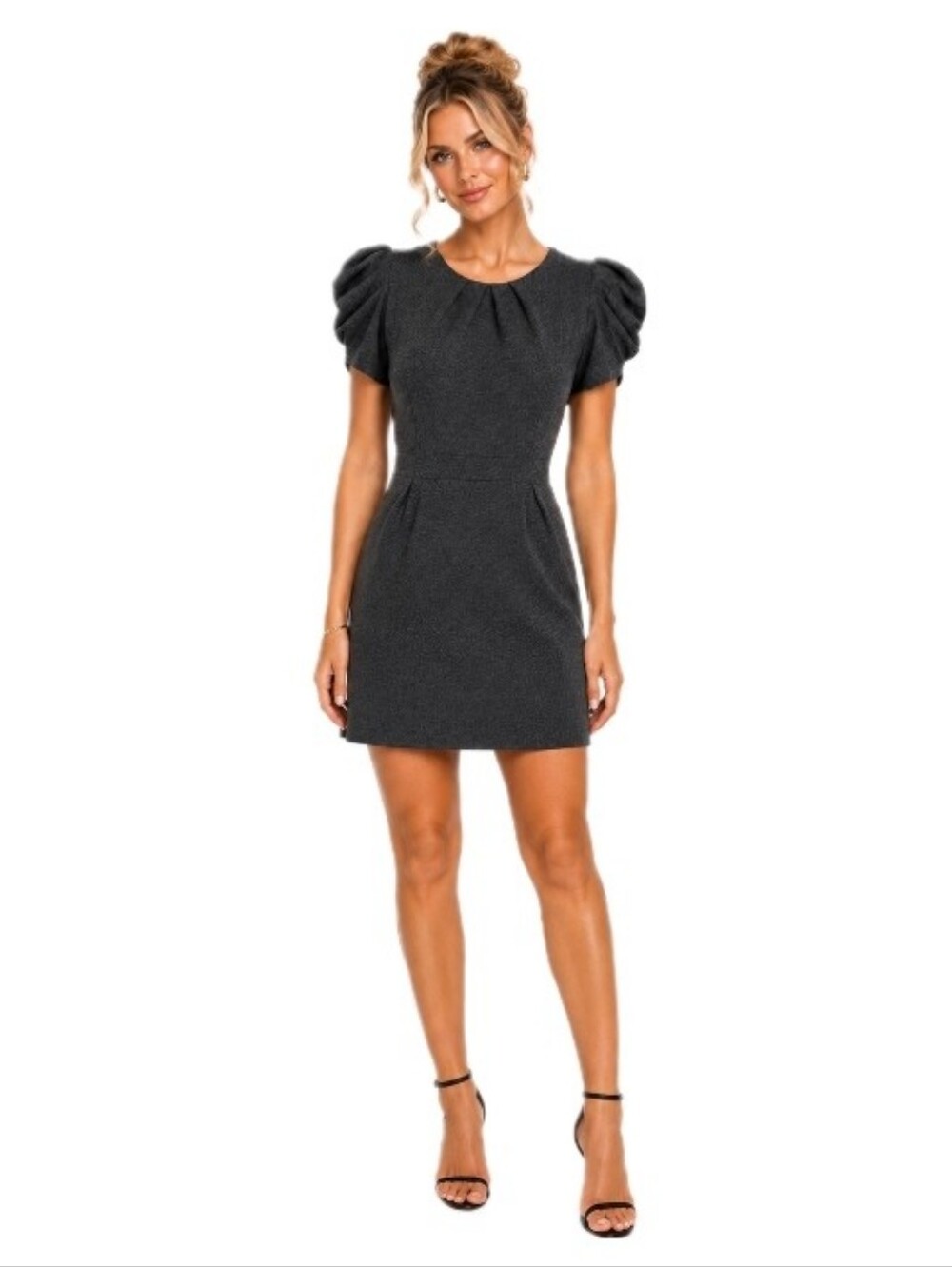Velvet Torch Charcoal Gray Puff Sleeve Gathered Neck Sheath Dress Size M